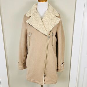 Wilfred Tan Wool Coat Jacket with Cream Shearling Collar